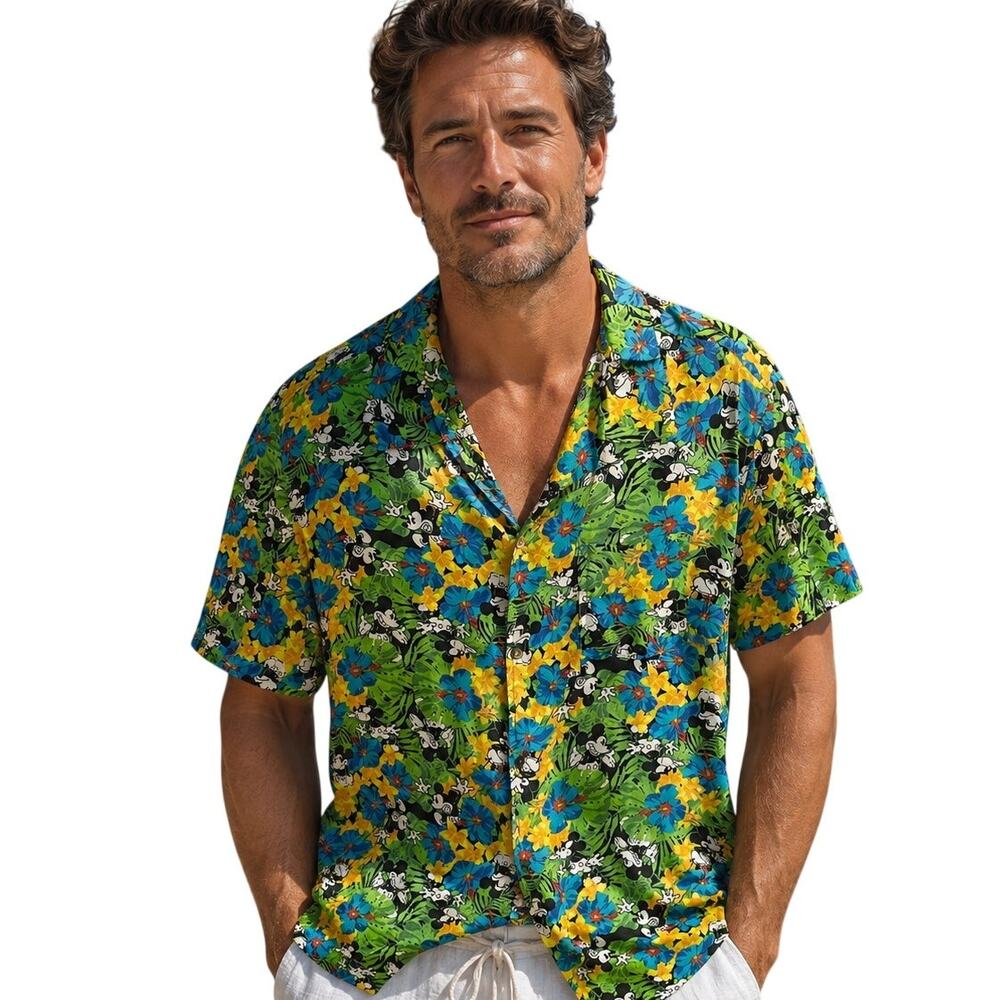 Disney Tropical Mickey Button Shirt Mens Size XXL Green Yellow Floral Hawaiian - Picture 1 of 10